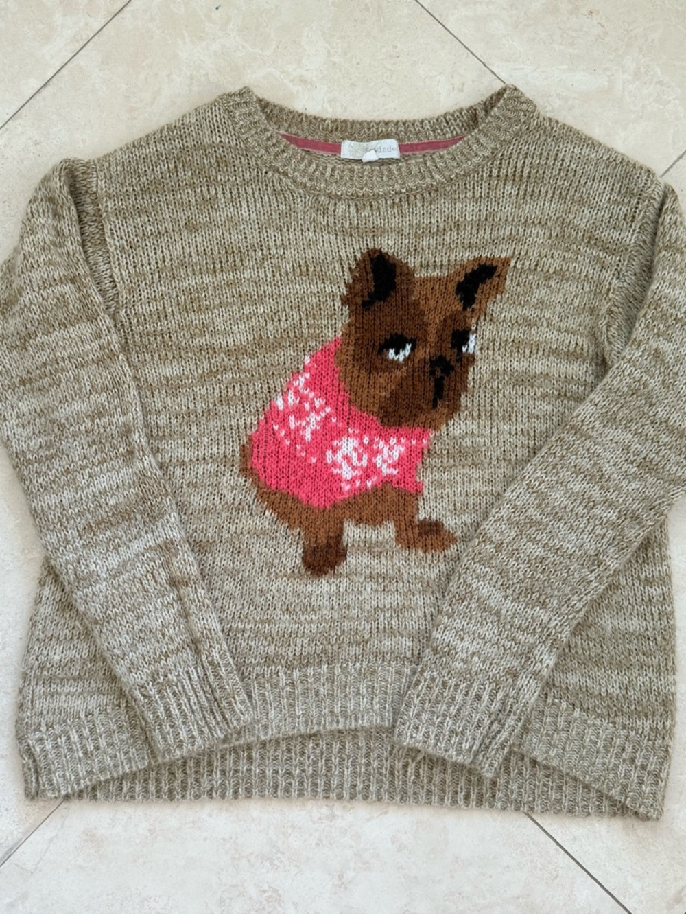 Rewind Beige French Bulldog Knit Sweater Crew Neck Graphic XL